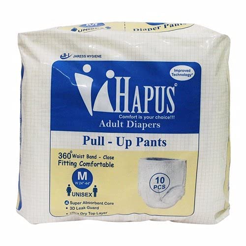 Hapus Unisex Adult Diapers Pull Up Pants, Super Absorbent Core - Medium W 24-44 (10 Pcs / 1 Bag)