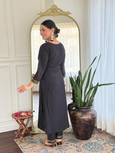 Image of Yashika Women's Black Embroidered Cotton Slub Fabric Straight Kurta, Pant and Dupatta Set | Kurta Set for Women