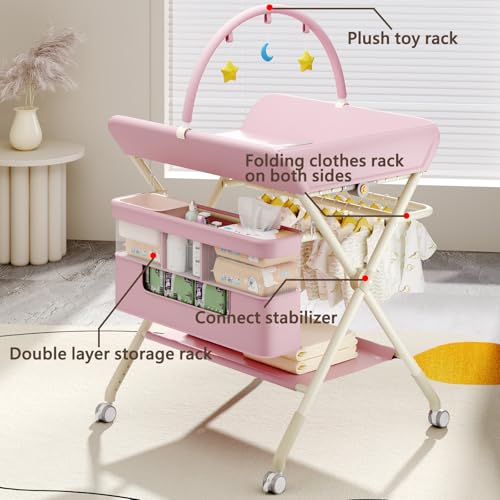 Image of Changing Table, Portable Baby Changing Table with Wheels, Upgraded Foldable Diaper Changing Station with 5-Level Adjustable Height & Large Nursery Organizer Storage for Newborn Infant (Pink)