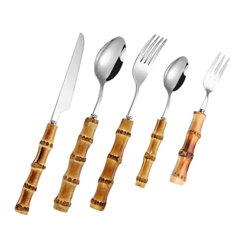 NOLITOY Edelstahl Tischbesteck Mit Bambusgriff Gebürstet Poliert Hitzebeständig Rutschfestes Western Besteckset Mit Steakgabel Und Löffel Vielseitig Für Restaurant Picknick Alltag