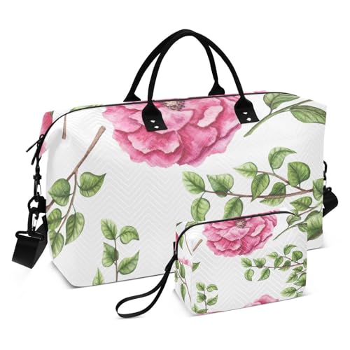 Romantic Watercolor Pink Flowers Travel Duffle Bag, Large Weekender Overnight Bags for Women Men Waterproof Carry on Shoulder Tote Bags for Hospital Maternity Mommy Gym with Toiletry Bag