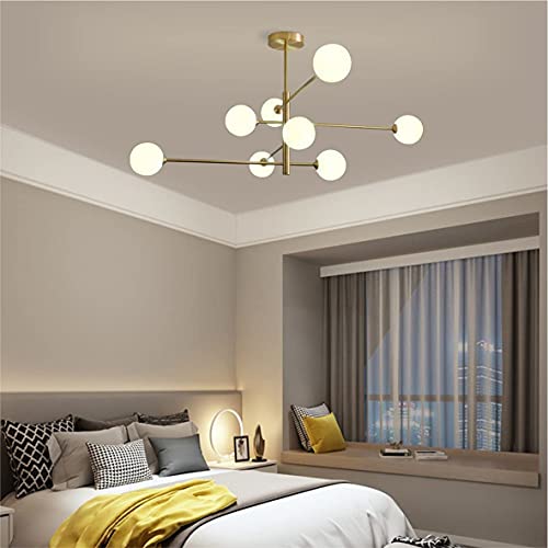 PULEE Modern 8 Lights Globe Chandelier Contemporary White Glass Pendant Light Mid Century Gold Pendant Lamp for Living Room Bedroom Kitchen Study Room