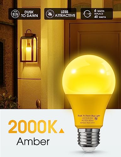 LOHAS Yellow LED Bug Light Bulbs Outdoor, Dusk to Dawn Sensor Yellow Bug Light Bulb Outside, A19 Amber Porch Light Non-Attracting, 40W Equivalent 2000K E26 Auto On/Off, for Patio Deck Backyard, 4 Pack - Image 3