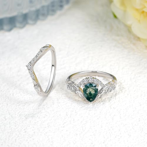 Natural Moss Agate Engagement Rings Bridal Set for Women,18K White Gold Platinum Plated Pear Shaped Green Gemstone Wedding Rings Sets S925 Leaf Art Deco Ring Sets Jewelry Gift for Anniversary Wedding4