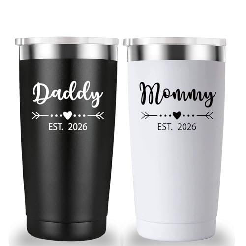 Image of Daddy and Mommy Est 2026 Travel Mug Tumbler.New Parents Pregnancy Gifts.Fathers Day Mothers Day Birthday Christmas Gifts Ideas for New Mom Dad.Parents to Be Baby Shower Gifts(20oz Black&White)