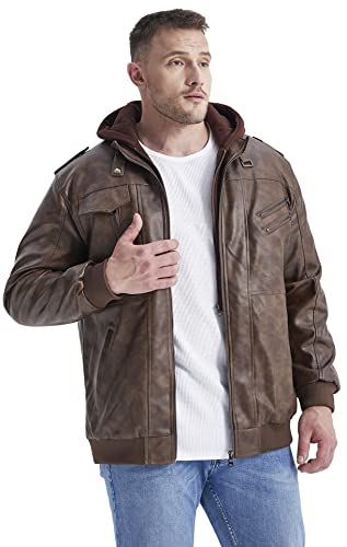 LOUECHY Men's Faux Leather Jacket Stand Collar Zip-Up Motorcycle Jacket with Removable Hood3