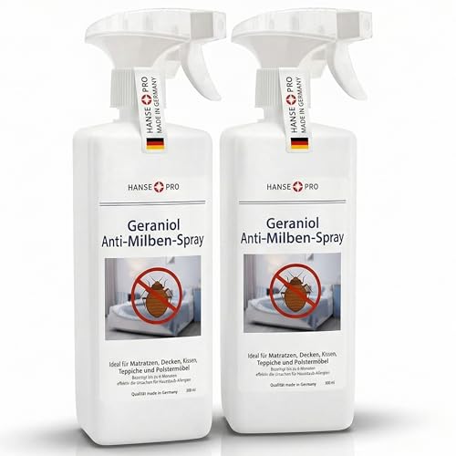 HANSE PRO Geraniol Anti-Milben-Spray, 2 x 500 ml I Hausstaub-Milben-Spray I Milbenschutz I Anti-Milben-Mittel gegen Bettwanzen & Milben I Hausstaubmilben-Allergie I Milben-Bekämpfung