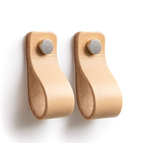 TIRADOR de Cuero para Mueble Armario PREMIUM (2 Pcs) (Vacuno Genuino argentino) + Original La Chueca Polo + FÁCIL Montaje »» (Medium, Natural) Cover