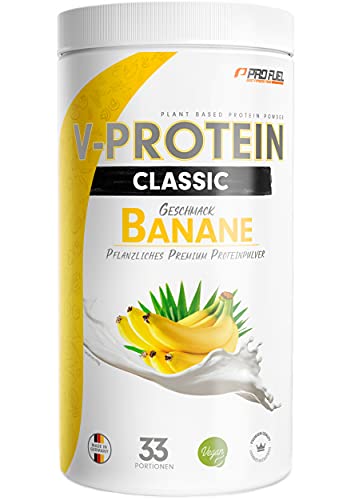 Vegan Protein Pulver BANANE 1kg - V-PROTEIN - Pflanzliches Eiweißpulver auf Erbsenprotein-Basis mit 75,8% Eiweiß-Gehalt - optimale Protein-Wertigkeit - veganer Protein-Shake ohne Soja & Weizen