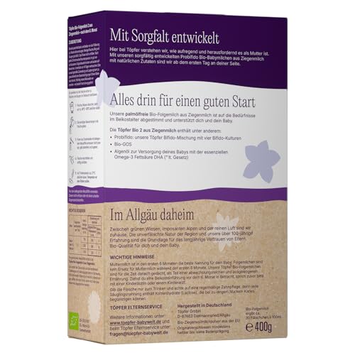 Töpfer Bio Folgemilch 2 aus Ziegenmilch – palmölfrei – Bio-Folgenahrung ab dem 6. Monat – mit Bio-GOS & 4 Bifido-Kulturen – DHA & ARA aus Algenöl – 4x400g