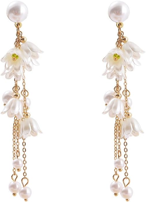 Long Tassel Pearl Bell Flower Stud Earrings Vintage Floral Dangling Drop Earrings for Women Statement Jewelry