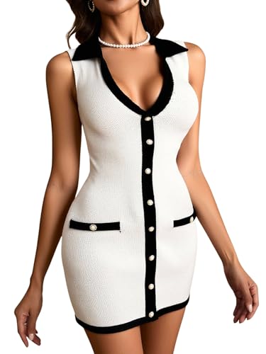 Women's Elegant Button Down Mini Dress Collar V Neck Sleeveless Bodycon Work Dresses