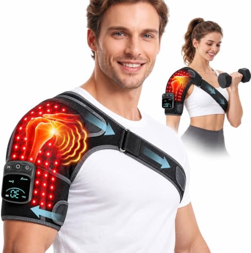 Red Light Shoulder Wrap with Massage, Cordless 5000mAh | 100-LED 660nm & 850nm, Adjustable Modes, Timer, Ergo Compression Pad, Wearable Wrap for Shoulder/Knee, Black