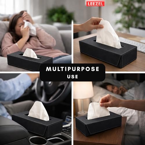 Image of LEEZEL| Tissue Box Holder with 100 Pulls Cotton Rags Tissue | Handcrafted Fine Leather - Like Finish | for Gifting, Office Desks, Cars & Home Decor | Durable & Water Resistant. (Black)