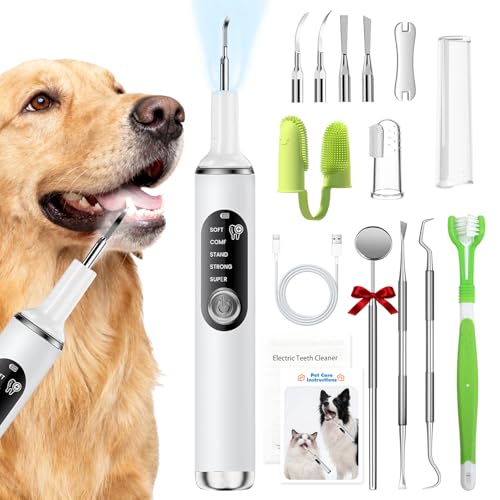 Bibykivn Zahnreiniger Ultraschall für Hund, Hundezahnreinigungsset, Zahnreiniger für Haustiere mit LED-Licht, 5 Reinigungsmodi, 4 Reinigungsköpfe (Weiß)
