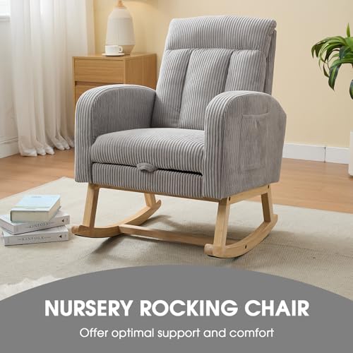 Image of NIOIIKIT Nursery Rocking Chair, Corduroy Upholstered Rocking Chair with Adjustable Footrest, Tufted Rocker Chair with Side Pocket, Glider Rocker for Living Room, Bedroom (Grey Comfy)