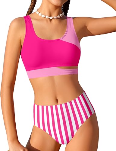 Image of BAVADER Girls Swimsuit Stripe Bathing Suit Color Block Sporty Bikini Swimsuits Swim Cover Up Skirt 3 Piece Set