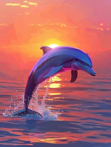 Peinture par numéro dauphin au coucher de soleil pour adulte et enfant en kit complet 70x90cm