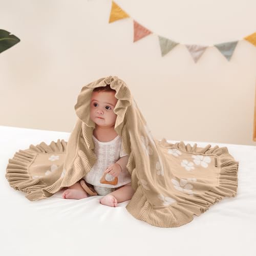 Image of Cotton Baby Blanket | 30x40 Inches Knitted Receiving Blanket with Ruffled Edges & Floral Design for Newborns, Crib & Stroller Use, Premium Gift Choice (Beige)