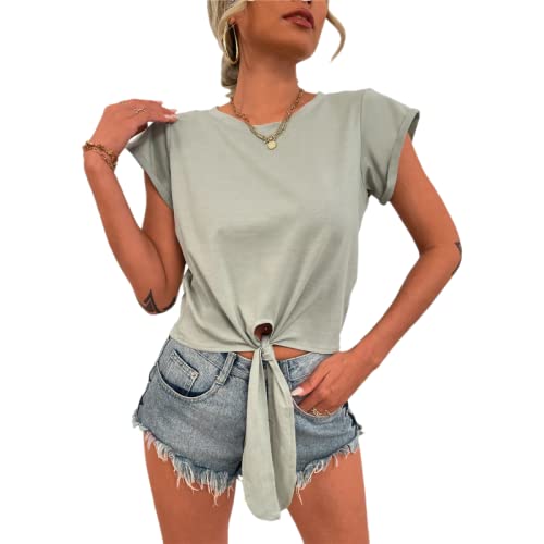 Camiseta de Manga Corta para Mujer, a la Moda, de Color sólido, con Cordones, diseño de Tendencia callejera, Top Informal Que combina con Todo M Cover