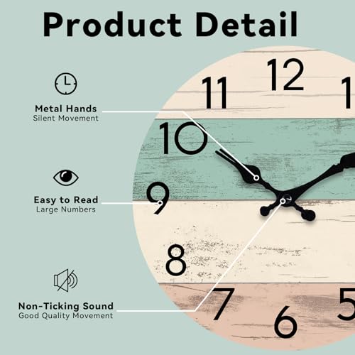 Image of KECYET Wall Clock Silent Non-Ticking Wooden Clocks Battery Operated 8 Inch Small Country Retro Rustic and Beach Style Decorative for Kitchen, Home, Bathroom, Bedroom (Green)