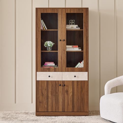 Image of Home Centre | Addison 4-Door Book Cabinet with Drawers | Engineered Wood | Brown | 1 Year Warranty