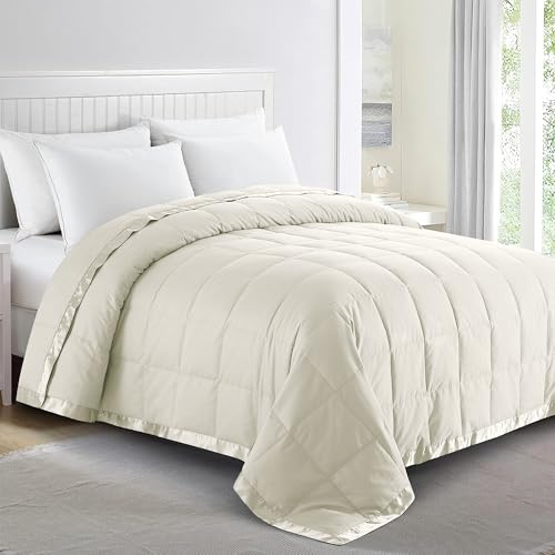puredown Blankets Queen Size - Soft Lightweight Down Blanket for Bed Cozy Warm Luxury Bed Blanket with Satin Trim Ivory (90X90)