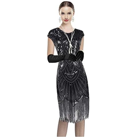 Women 1920s Gatsby Cocktail Sequin Art Deco Flapper Dress (Black, Large) Cover