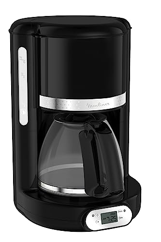 Moulinex Caffettiera filtro programmabile 24 ore, design nero vintage, capacità 1,25 l, 10-15 tazze, supporto filtro girevole, mantenimento caldo 30 min, Caraffa vetro, Sole FG380B10