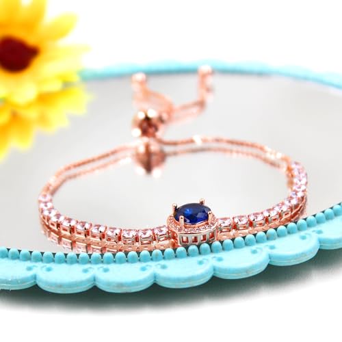 Image of Rose Plated Gold Brass Box Chain Cubic Zirconia Classic Tennis Slider Adjustable Bracelet, Round Big Zircon Charm Give Woman Mom Mother's Day Fashion Crystal Gift