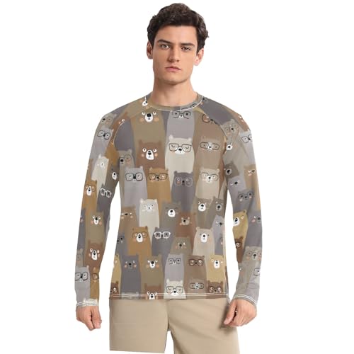 Mens UV Protection Shirts Rash Guard Long Sleeve UPF 50+ Bear Cute Brown Quick Dry S