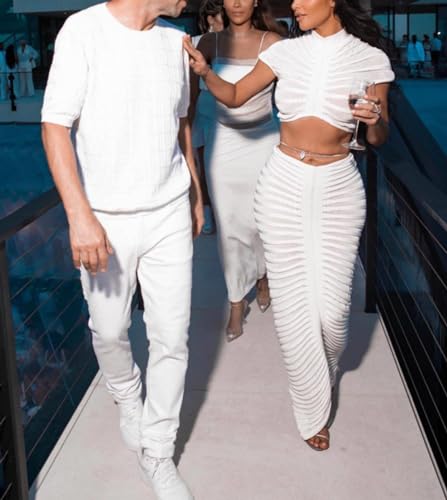 Image of Sexy See Through Long Dress Knitted Sheer Mock Neck Crop Top and Maxi Skirt 2 Piece Outfits Sets