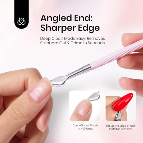 Image of Beetles Gel Nail Remover Tool Dual-end Cuticle Pusher, Triangle End Remove Gel Polish Angled End Clean Crevice Dirt Two in One Tool Dead Skin Nail Scraper Stainless Steel Pink Remover Pusher