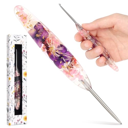 Image of Katech 2.5mm Crochet Hook for Arthritic Hands,Hand-Polished Stainless Steel | Ergonomic Crochet Hooks with Customized Sparkle Dried Floral Grip, Smooth Tapered Hook-Crochet Gift for Beginner & Crocheter