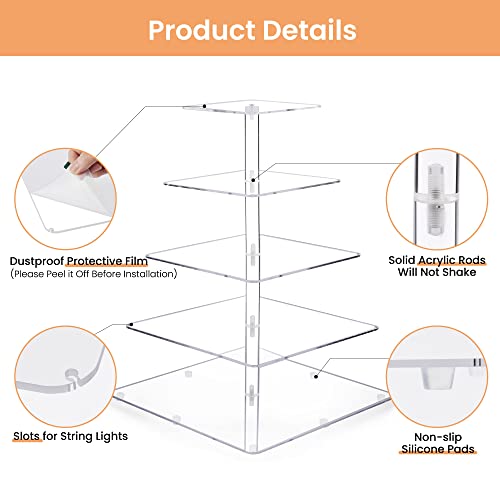 Upsimples 5 Tier Acrylic Cupcake Stand, Dessert Tower For 56 Cupcakes, Square Cupcake Display Stand With Yellow Led Light For Birthday, Baby Shower, Tea Party And Wedding Décor #TOP3