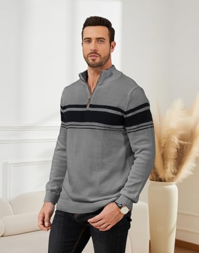 Mens Sweater Quarter Zip Sweater Casual Striped Long Sleeve Fall Winter Warm Polo Pullovers2
