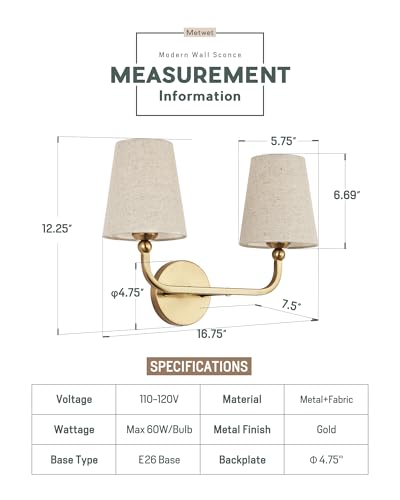 Image of 2-Light Bathroom Light Fixtures, Brushed Gold Vanity Lights, Double Wall Sconce with Brown Fabric Shade, Modern Sconces Wall Lighting for Hallway Bedroom Stairway, VL837-BG-L-2