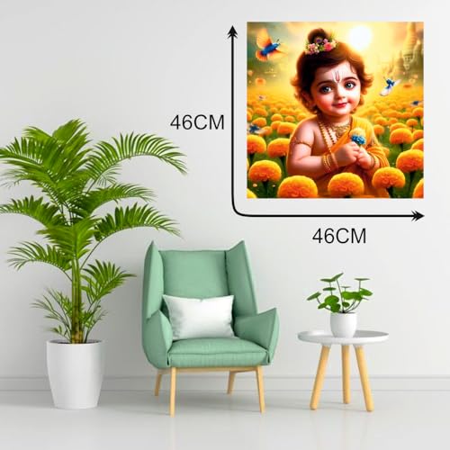 Image of Techgifti Baby Krishna Yellow Flower Wall Poster for Pooja Room, Office, Kids Room (Size- 46CM X 46CM)