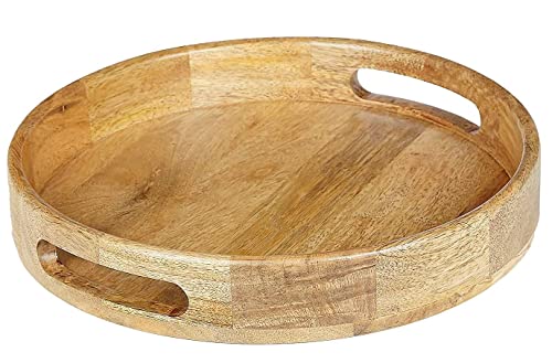Image of Handmade Round Wooden Serving Tray| Serving Tray Wooden |Tray for Dining Table & Home Kitchen| Wooden Trays for Serving (Handmade Natural Wooden Serving Tray Round 12inch)