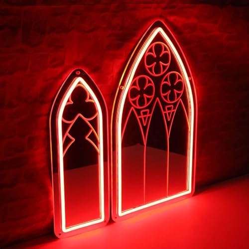 Image of Gothic Neon Sign, Medieval Goth Neon Mirror Set, Window Mirror Neon Signs for Wall Decor, Gothic Cathedral Decor, Acrylic Witch Neon Mirrors 25″ x 14.7″