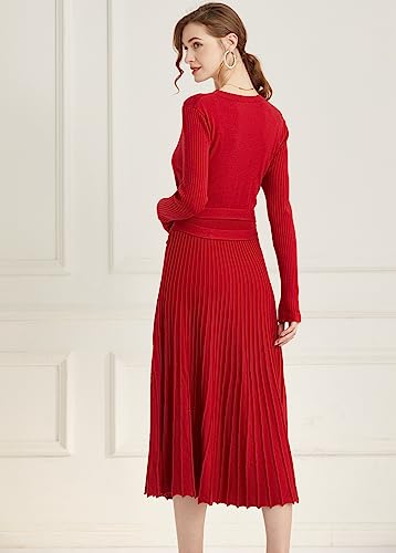 Image of RanRui Womens Winter Fall Pleated Knitted Fit and Flare Long Sleeve Sweater Dress