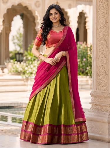 Image of RENVAANI Women's Traditional Kanjivaram Kanchipuram Silk Zari Weaving Unstitched Lehenga Choli with Dupatta