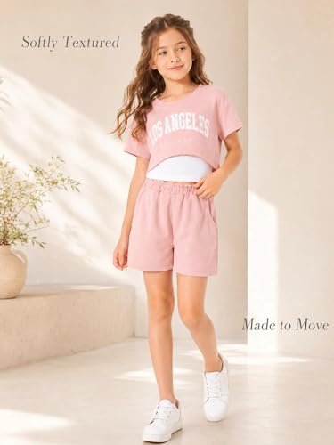 Image of Girl's Summer 3 Piece Outfits Graphic Short Sleeve Crop Top Cami and Shorts Clothes Set