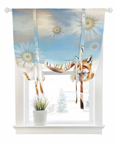 Tie Up Curtains for Windows Wheat Ear Fox Daisy Flowers Rod Pocket Tie-Up Window Shade Adjustable Balloon Curtain Valance Blue Sky Watercolor Floral for Bedroom Kitchen Bathroom Blinds,52x45in
