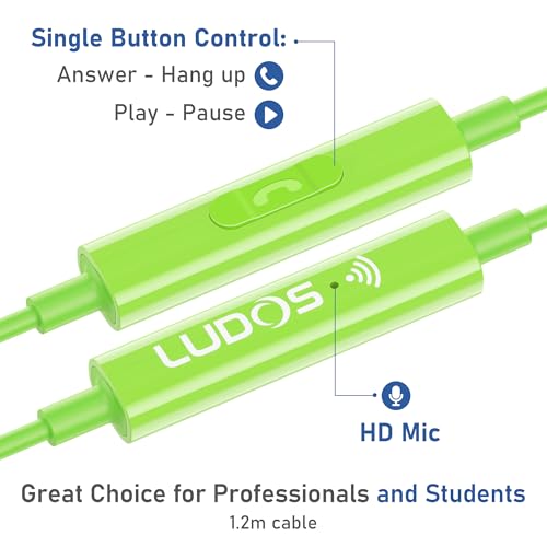 Image of LUDOS OMNITONE Wired Earbuds in-Ear Headphones, 5 Year Warranty, Earphones with Microphone, 3.5 mm Jack Corded Ear Buds, Videoconference for iPhone, Samsung, Laptop, Kids, School Students - Green