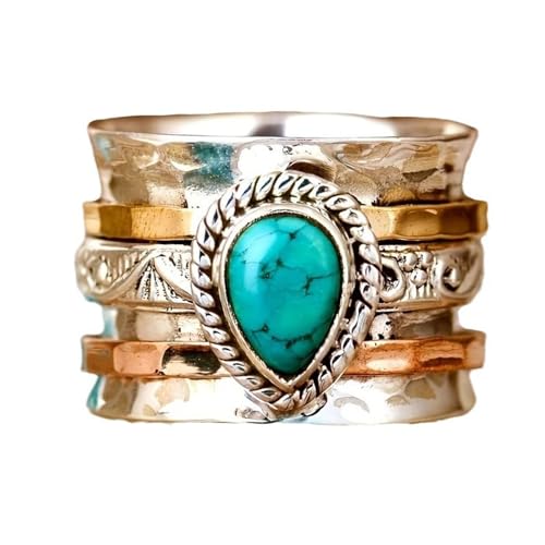 LadayPoa Western Turquoise Ring for Women. Retro 925 Silver Vintage Jewelry. Blue Oval Stone...