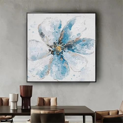 Peinture florale bleue abstraite 30x30 cm encadrée pour décoration