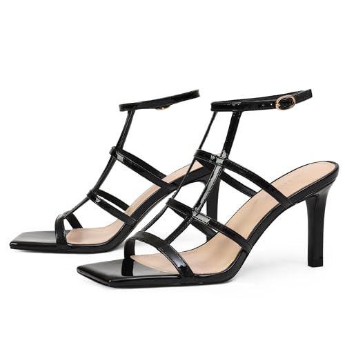 Womens Strappy Heels 3 inch Slingback Square Open Toe Stilettos Sandals, Patent Leather, Sexy Party Dress Shoes3