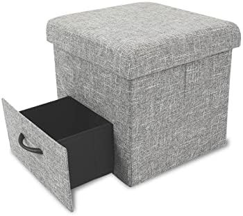 Babion Linen Folding Storage Ottoman with Side Drawers,Cube Foot Rest Stool, Foldable Storage Boxes Footrest Step Stool for Dorm Living Room, Light Grey