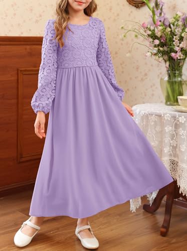 HOSIKA Girls Long Sleeve Maxi Dress Vintage Chiffon A-Line Formal Junior Bridesmaid Dresses for Fall Wedding Party2
